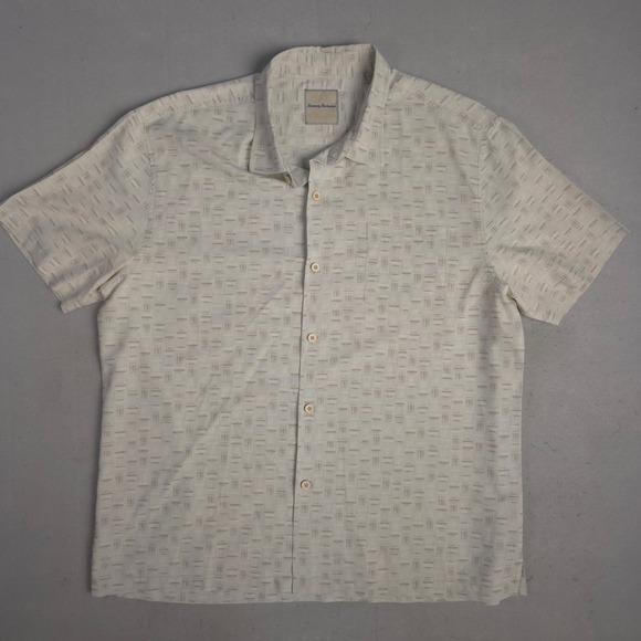 Tommy Bahama XXL Button Up Shirt Beige Brown Geometric Print Short Sleeve - Picture 1 of 11